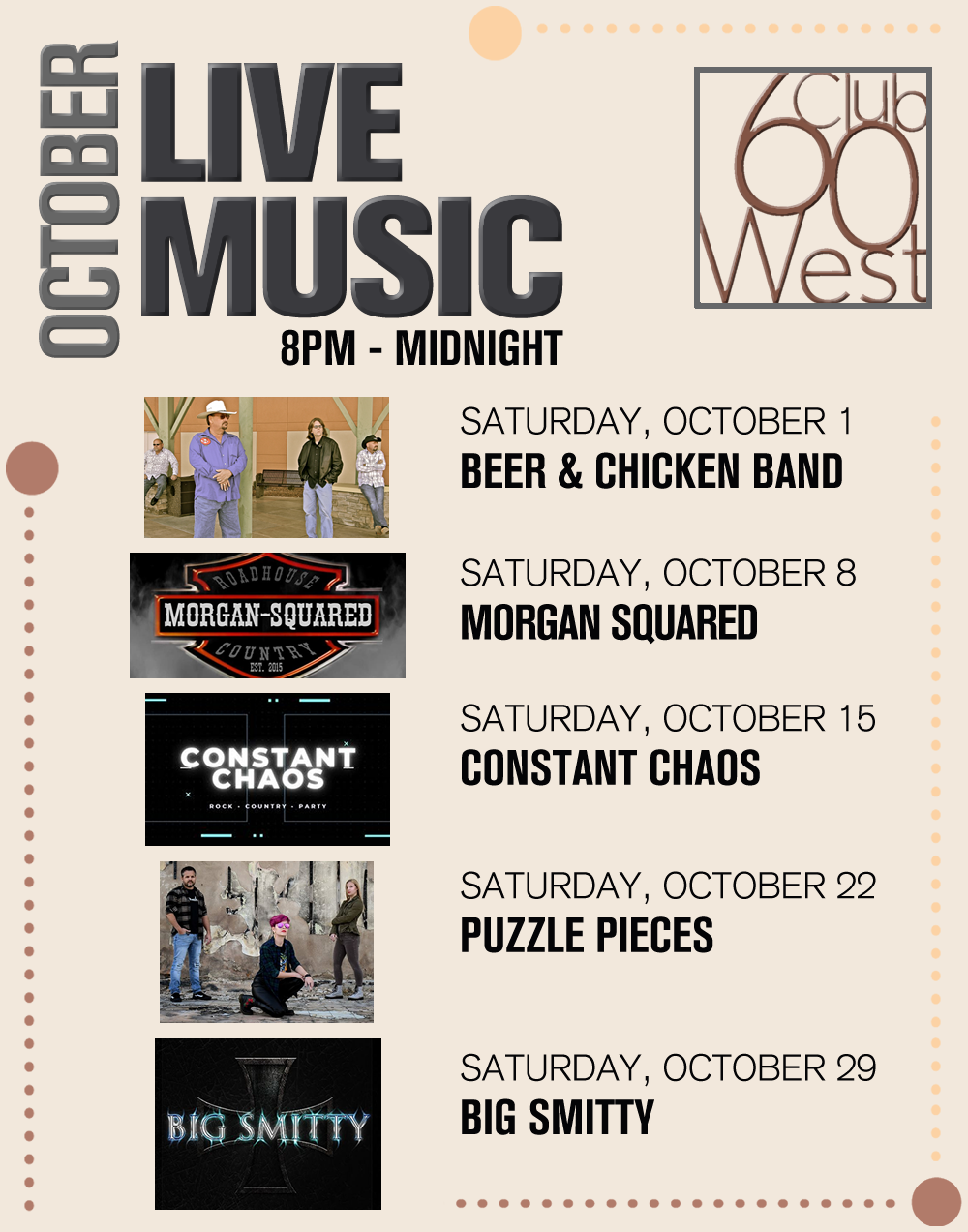 Club 60 West Live Entertainment- October 2022